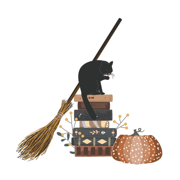 Autumn Halloween Composition Cat Pumpkin Witch Hat Books Broomstick Vector — Stock Vector