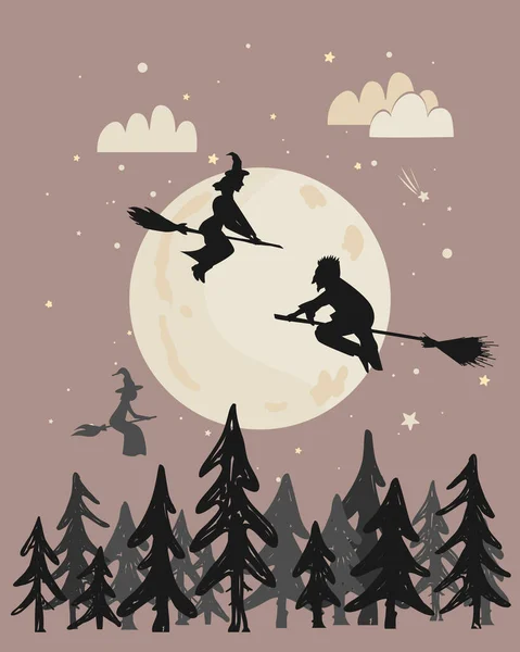 Черный Силуэт Молодых Ведьм Волшебников Летающих Метле Над Лесом Ночном — стоковый вектор