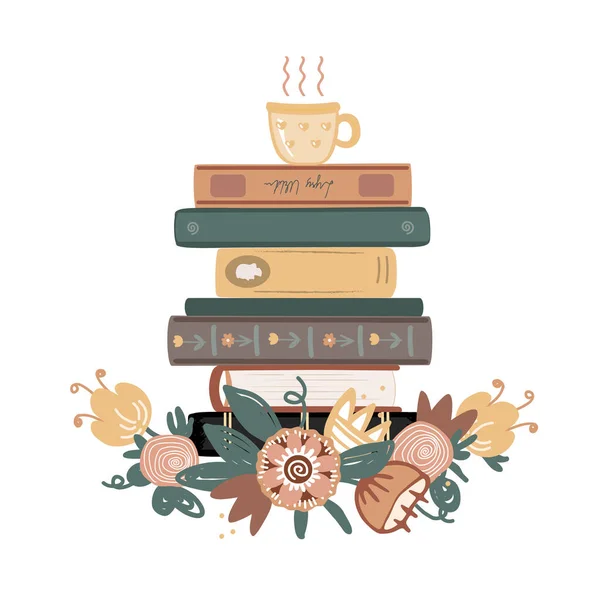 stock vector Vintage composition with books pile, tea mug, and meadow doodle flowers isolated on white. Cozy hygge autumn. Hand drawn vector illustration.