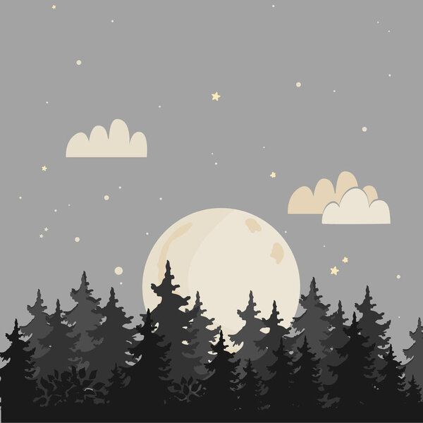 Векторный ночной фон с деревьями, луной, облаками и сияющими звездами на небе. Лесной пейзаж