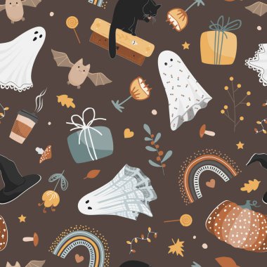 Balkabaklarıyla, kara kedileriyle, hayaletleriyle, cadı şapkalarıyla, kitaplarıyla, yarasalarıyla ve gökkuşağıyla rahat bir sonbahar Cadılar Bayramı şablonu. Vektör arkaplanı