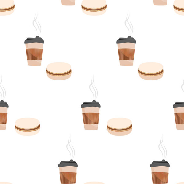Hand drawn seamless pattern with tea coffee paper cup and macaroons. Sweet tasty dessert design.