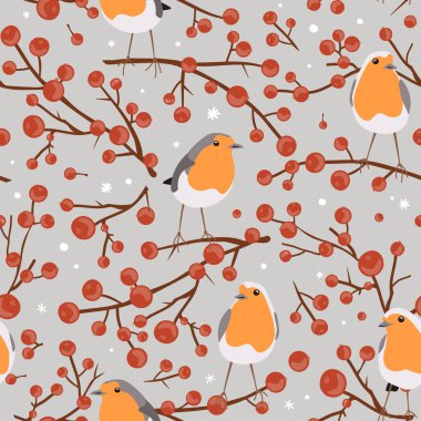 Robin kuşları ve kırmızı böğürtlen dalları, kusursuz Noel deseni, kış vektör illüstrasyonu, gri arka planda iz.