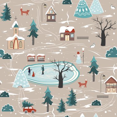 Ağaçların arasında köy ve kilise ile karlı arazide kışın pürüzsüz bir desen. Dağlardaki Şehir ile Güzel Noel Doğası. Vektör arkaplan çizimi.