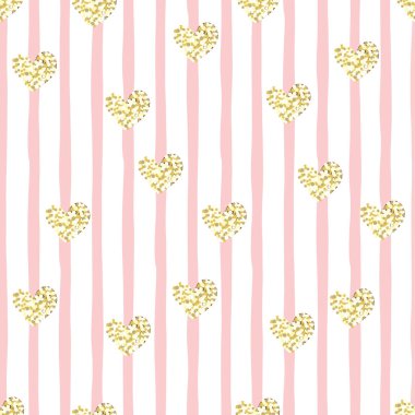 Pembe çizgili arka planda altın parıldayan kalp konfetisi kusursuz desen. Vektörsüz arkaplan