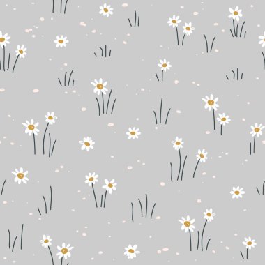 Papatya çiçeğiyle kusursuz desen. Gri arkaplanda küçük beyaz çiçekler ve yeşil yapraklar. Güzel çiçek deseni. Vektör illüstrasyonu.