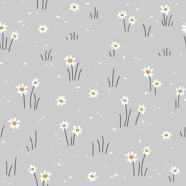 Seamless pattern with daisy flower. Small white flowers and green leaves on grey background. Cute floral print. Vector illustration.