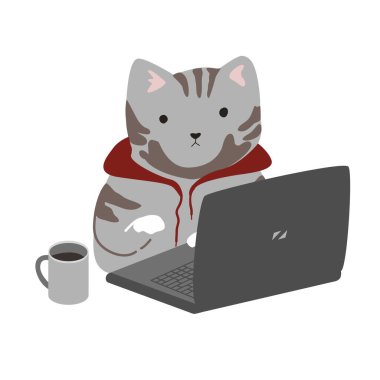 Kırmızı kapüşonlu komik programcı kedi elinde bir fincan kahveyle dizüstü bilgisayarda çalışıyor. IT mühendisi sembolü, kartlar ve tişörtler için programcı çıkartması. İzole vektör illüstrasyonu.