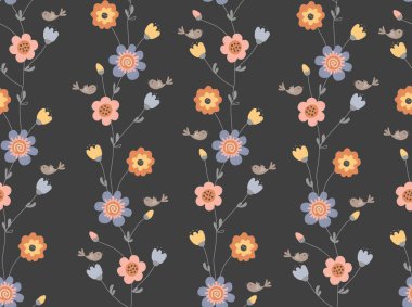 Bükülmüş peri çiçekleri, İskandinav tarzında kusursuz çiçek desenleri. El çizimi pembe, mavi ve kırmızı çiçekler koyu arkaplanda. Soyut retro Spring baskı tasarımı. Vektör