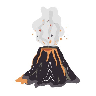 Volkan patlıyor, yanaklarından lav akıyor ve duman çıkıyor. Vektör izole illüstrasyonu.