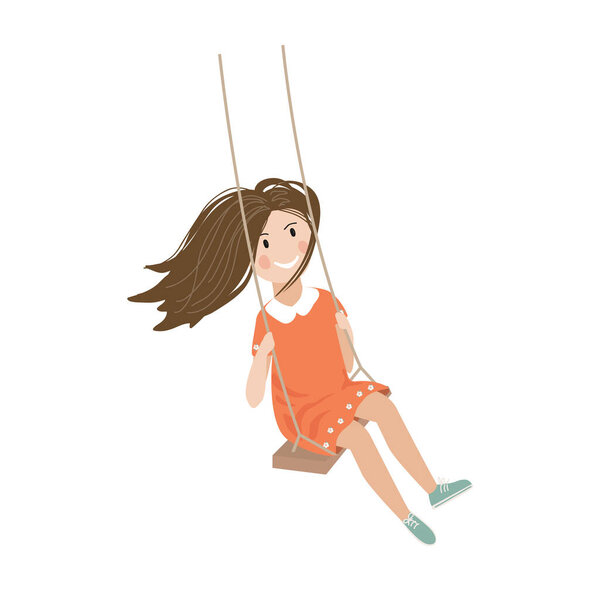 Swinging hand drawn kid. Happy smiling girl with flying in the wind hair on a swing. Vector isolated cartoon illustration.