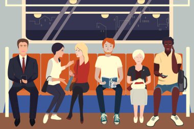 İnsanlar metroda oturuyor. Çizgi film karakterleri. Erkekler ve kadınlar işe ve çalışmaya giderler. Vektör izole illüstrasyonu