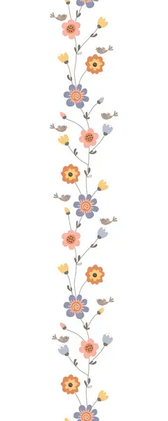 Елегантний Хвилястий Квітковий Безшовний Візерунок Весняні Скандинавські Квіти Птахи Межують Стоковий вектор