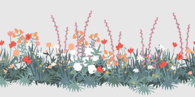 Renkli kır çiçekleriyle, gelinciklerle, yüksükotuyla kusursuz bahar çiçekleri. Gri arkaplanda vektör yatay desen. El çizimi illüstrasyon