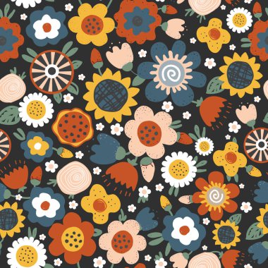 Sevimli el çizimi çayır çiçekleri ile soyut, pürüzsüz desen. Moda tarzı doğal arka plan. Kumaş, baskı, kapak, pankart, ambalaj, duvar kağıdı için elle çizilmiş İskandinav tasarımı