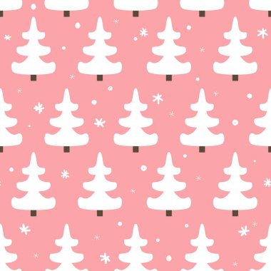 Beyaz köknar ağaçları ve pembe arka planda karla kaplı basit, soyut, pürüzsüz bir desen. Noel ormanı arka planı, vektör illüstrasyonu.