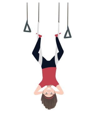 Havadan bir hamakta baş aşağı asılı mutlu çocuk. Yer çekimi yogası vektörüyle uç izole görüntü.