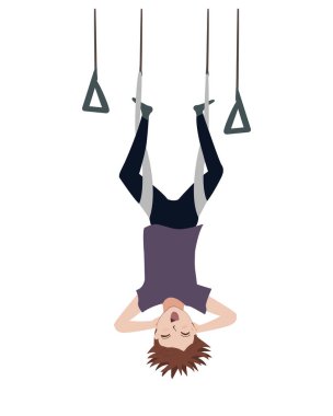 Havadan bir hamakta baş aşağı asılı mutlu çocuk. Çocuk yerçekimi yogasında egzersiz yapıyor. Sinek yoga vektörü izole çizimi.
