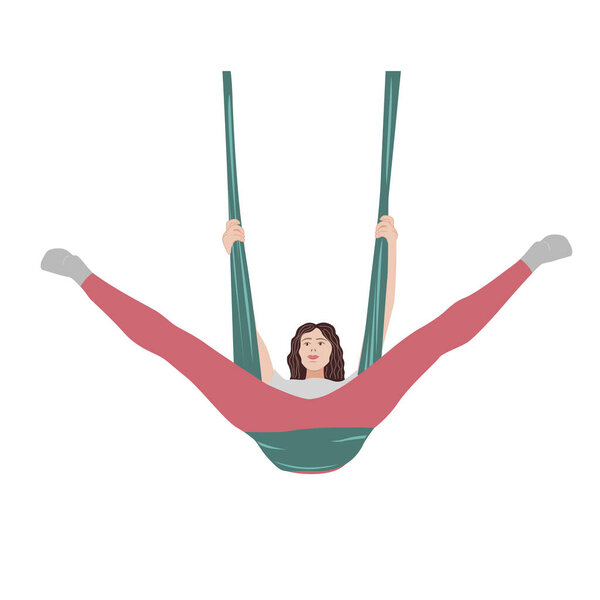 Woman hanging in an aerial hammock. Girl exercises at antigravity yoga. Fly yoga vector isolated illustration.