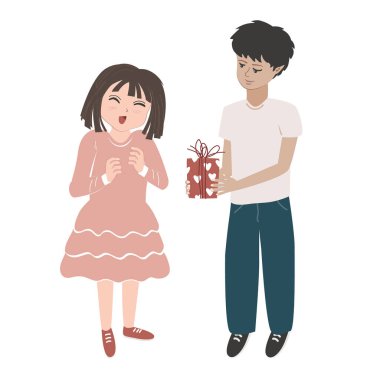 Sevimli utangaç çocuk küçük güzel bir kıza hediye veriyor. İzole vektör illüstrasyonu.