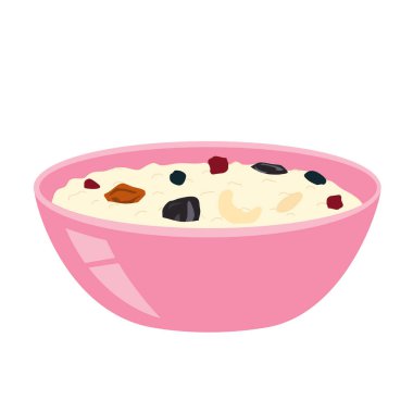 Kurutulmuş fındıklı yulaf lapası ve beyaz arka planda izole meyveler. Sağlıklı yiyeceklerin vektör çizgi filmi düz çizimi