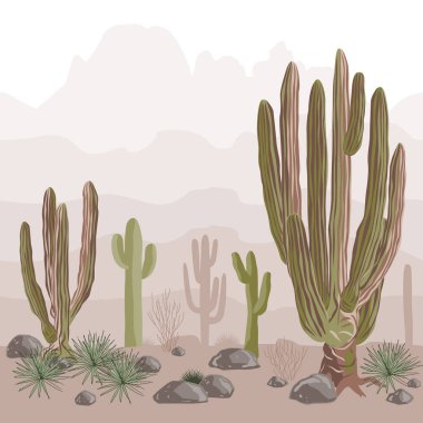 Saguaro, dev cardon kaktüsü ve dağ sıraları ile çölsüz desen. Vahşi Amerika Batı manzarası. Vektör illüstrasyonu