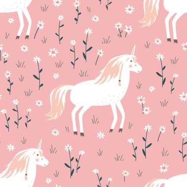 Çiçek çayırında şirin tek boynuzlu at deseni var. Çizgi film çocuk odası çizimi. Peri atı vektörü