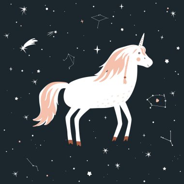 Gökyüzü arka planında şirin bir tek boynuzlu at. Hayal kurmak ve dilek tutmak. Vektör illüstrasyonu.