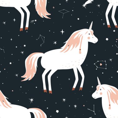 Gökyüzü arka planında şirin tek boynuzlu atlar olan kusursuz bir desen. Hayal kurmak ve dilek tutmak. Vektör illüstrasyonu