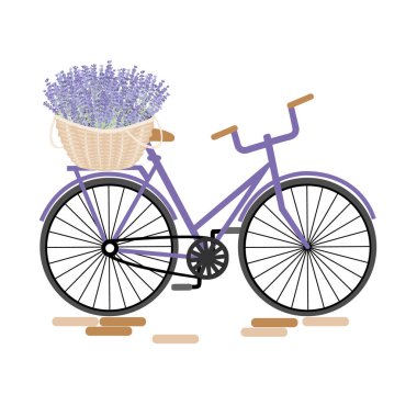 Lavanta sepetli bisiklet. Retro Provence tasarım elementi. İzole vektör illüstrasyonu.