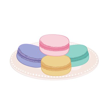 Beyaz arka planda izole edilmiş bir fincan tabağında renkli Fransız kurabiyeleri. Hamur işleri, tatlılar ve tatlı vektör çizimleri