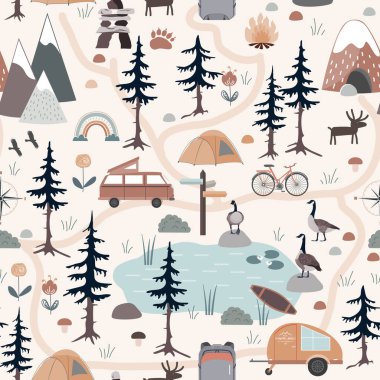 Yaz Ormanı Kamp Macerası, kusursuz bir düzen. Kamp alanı vektör arkaplanı.
