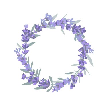 Lavanta çiçeği çelengi. Lavandula yuvarlak çerçeveli. Vektör izole illüstrasyon. Provence biçimi için tasarım ögesi.