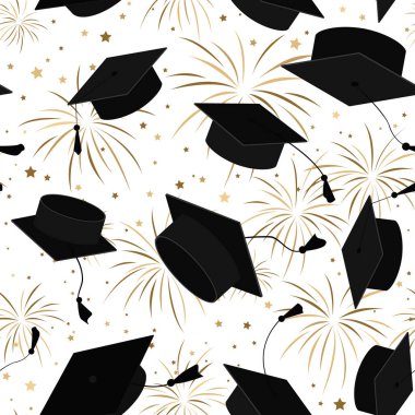 Mezuniyet şapkaları ve havadaki altın havai fişeklerle şenliksiz şenlik. Mezuniyet duyuruları, davetiyeler, kutlama tasarımları için uçuş şapkaları. Vektör illüstrasyonu
