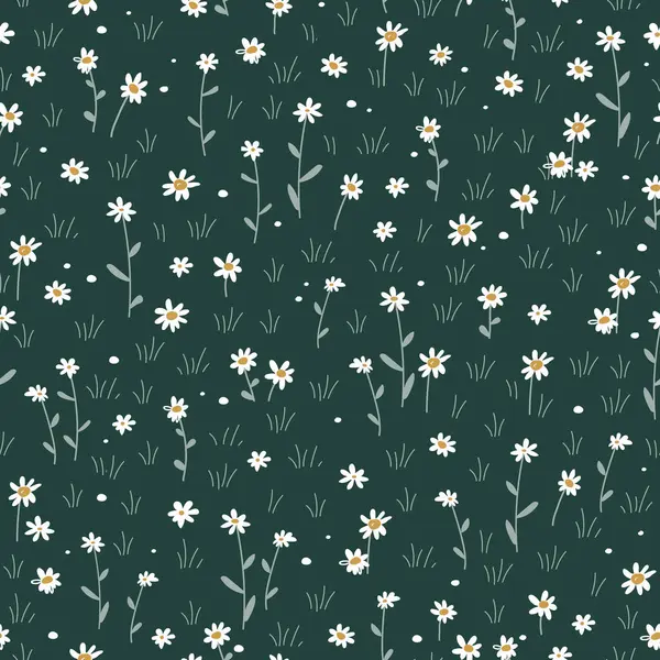 Çayır çiçekleri pürüzsüz desen. Papatya ya da papatya çiçekli otlar. Yaz alanları arka planı. Vektör çizgi film illüstrasyonu.