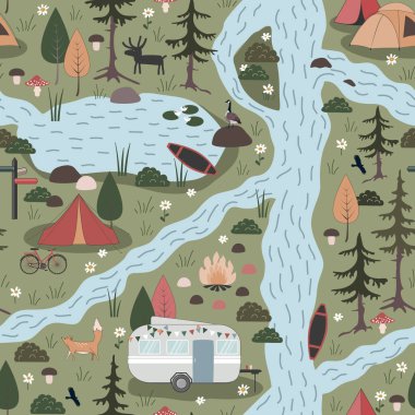 Yaz Ormanı Kamp Macerası, kusursuz bir düzen. Kamp alanı vektör arkaplanı.