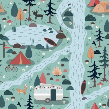 Yaz Ormanı Kamp Macerası, kusursuz bir düzen. Kamp alanı vektör arkaplanı.