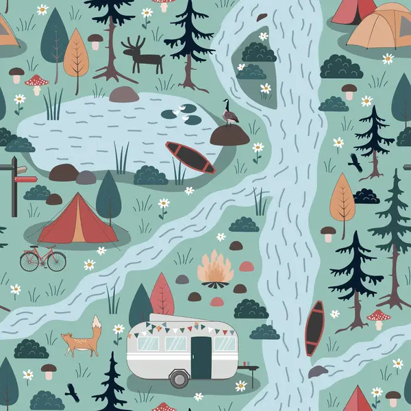 Yaz Ormanı Kamp Macerası, kusursuz bir düzen. Kamp alanı vektör arkaplanı.