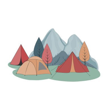 İzole edilmiş kamp çizimleri. Dağların yakınındaki ormanda bir grup çadır. Macera vektörü çizimi.