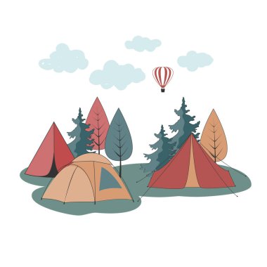 İzole edilmiş kamp çizimleri. Ormanda bir grup çadır. Macera vektörü çizimi