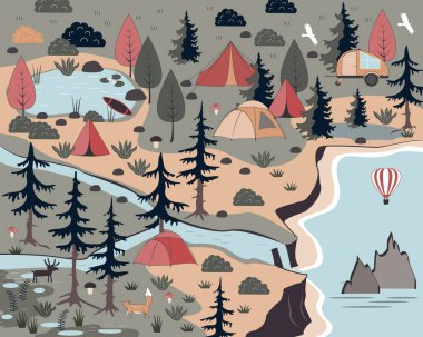 Yaz Ormanı Kamp Macerası paspas geçmişi. Kamp manzarası vektör çizimi.