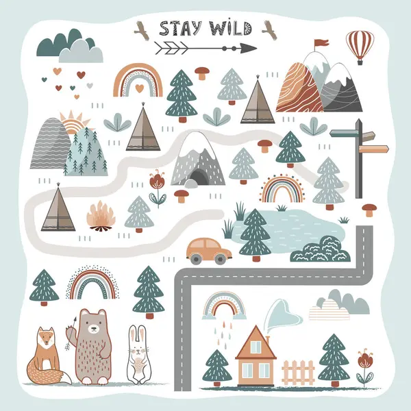 Macera kampı ve hayvanlarla dolu şirin bir bebek paspası. İskandinav tarzında vektör illüstrasyonu.