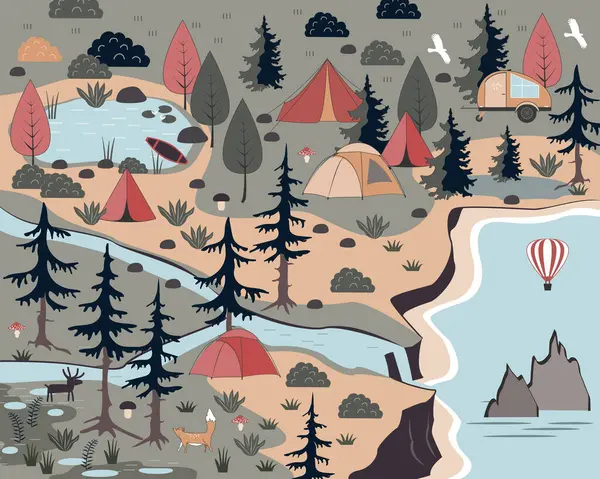 Yaz Ormanı Kamp Macerası paspas geçmişi. Kamp manzarası vektör çizimi.