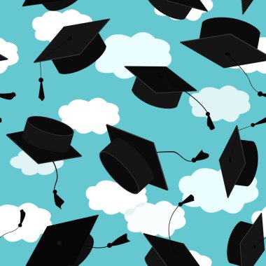 Havada mezuniyet şapkaları olan şenliksiz bir şablon. Mezuniyet duyuruları, davetiyeler, kutlama tasarımları için uçuş şapkaları. Vektör illüstrasyonu
