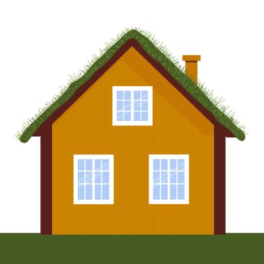 Çimen çim çatılı şirin, sarı ahşap İskandinav evi. Norveç Hytter 'ı. Eko ev, vektör izole görüntü