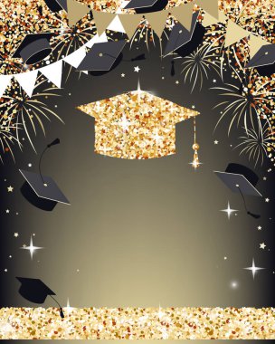 Mezuniyet pankartı ve altın konfetiyle. Mezuniyet partisi ya da diğer mezuniyet kutlamaları için davetiye. Vektör illüstrasyonu.
