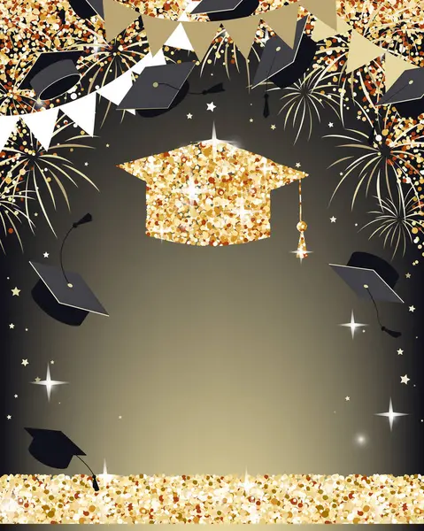 Mezuniyet pankartı ve altın konfetiyle. Mezuniyet partisi ya da diğer mezuniyet kutlamaları için davetiye. Vektör illüstrasyonu.