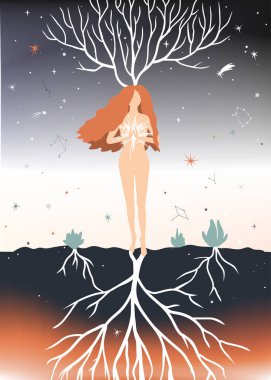 Elinde yıldızla meditasyon yapan genç bir kadın. Meditasyon, uyum ve aydınlanma kavramı. Evrenin yaratılışı. Vektör illüstrasyonu