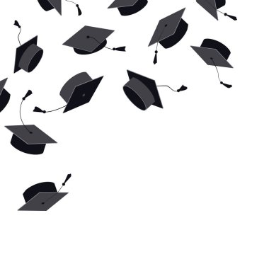 Mezuniyet şapkaları havada, köşedeki şenlik çerçevesi. Mezuniyet duyuruları, davetiyeler, kutlama tasarımları için uçuş şapkaları. Vektör illüstrasyonu.