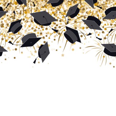 Mezuniyet şapkaları, konfetileri ve havada altın havai fişekleri olan parlak, pürüzsüz sınır deseni. Uçan mezuniyet özgeçmişi. Vektör illüstrasyonu.